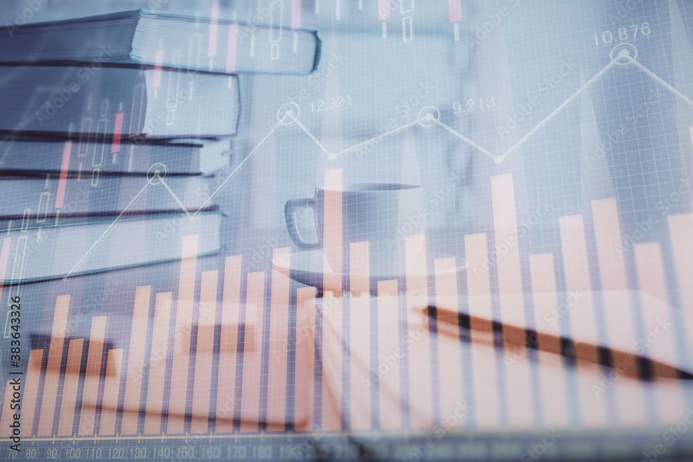 Double exposure of financial chart drawing and desktop with coffee and items on table background. Concept of forex market trading Double exposure of financial chart drawing and desktop with coffee and items on table background. Concept of forex market trading