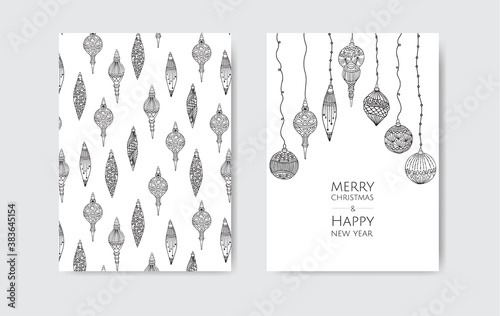 Merry Christmas and Happy New Year. Vintage Christmas vector illustration with xmas toys