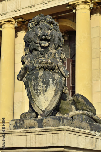 Kaliningrad, Russia - september 30, 2020: Sculpture of a lion on the porch of Koenigsberg Stock exchange. Kaliningrad, Kenigsberg before 1946, Russia photo