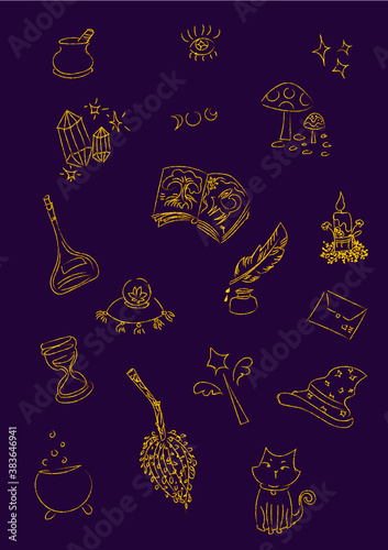fondo mágico, vector, kit de magia, hechicería, brujería y fantasía, dibujado a mano, halloween, wicca, pagano,editable, cristales, plantas mágicas, pociones, gato negro, sombrero, ilustrado, etc