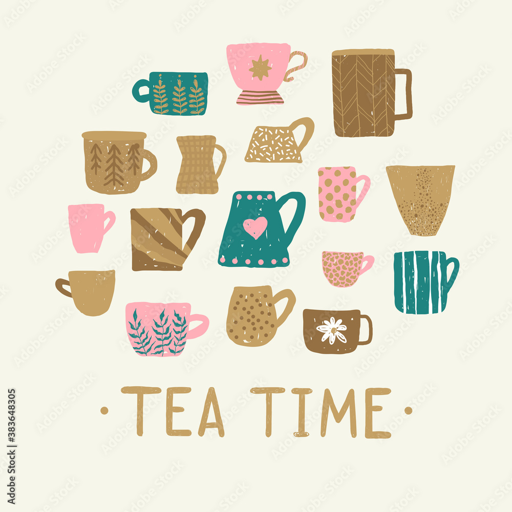 Set with different cups of tea illustrations on light background for mood poster design. Home decorations isolated Set with different cups of tea illustrations on light background for mood poster design. Home decorations isolated