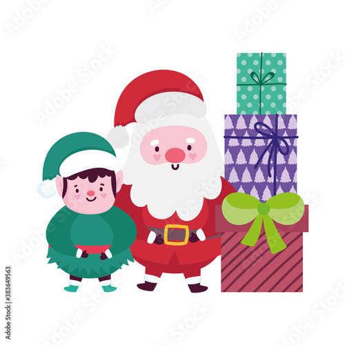 merry christmas, santa claus helper and gift boxes decoration, isolated design © Stockgiu