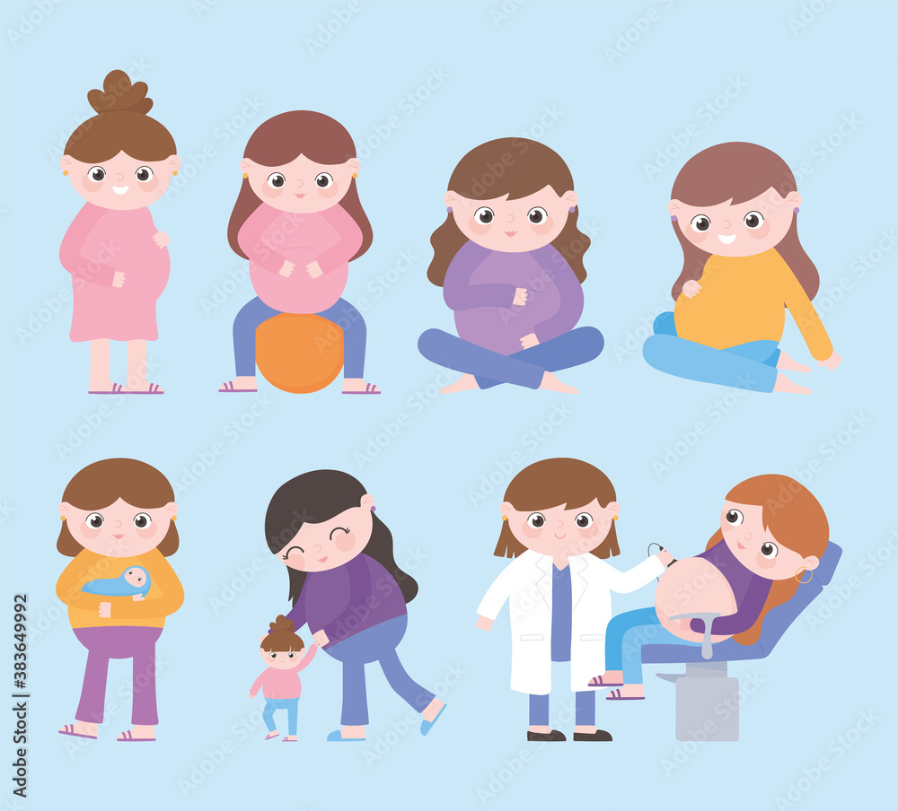 pregnancy and maternity, cartoon pregnant women babies kid and female doctor pregnancy and maternity, cartoon pregnant women babies kid and female doctor