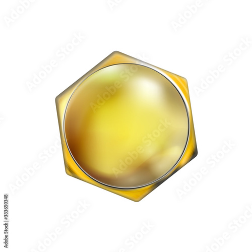 Glossy polished golden realistic bolt head. Screw cap twisted in surface, isolated on white background. Macro chrome top view of wide a hat shiny hardware. Vector illustration