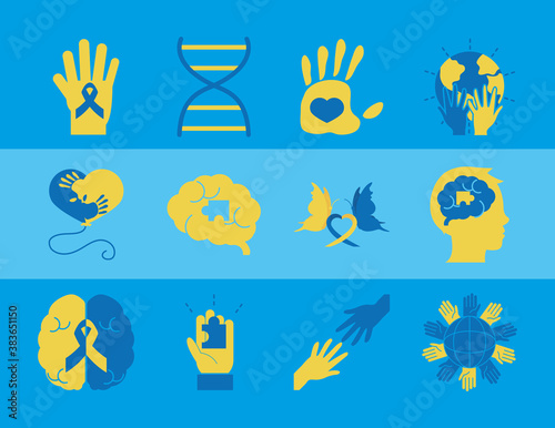 world down syndrome day, support awareness pack icons flat style