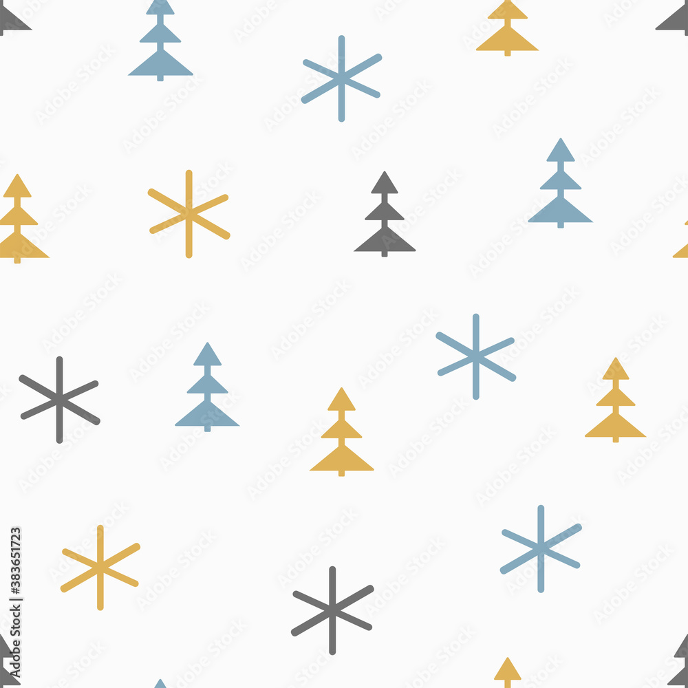 Simple seamless pattern with Christmas trees and snowflakes. Drawn by hand. New year vector illustration. Simple seamless pattern with Christmas trees and snowflakes. Drawn by hand. New year vector illustration.