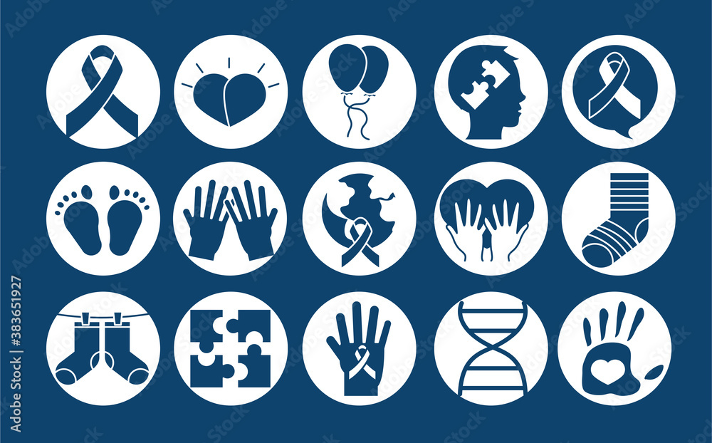 world down syndrome day, international awareness support icons set silhouette style world down syndrome day, international awareness support icons set silhouette style