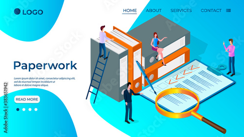 Paperwork.People study documents.Concept of office work.Teamwork of office management.People sort out documents.Isometric vector illustration.