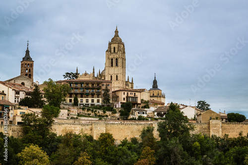 Skyline of the old town Segovia with the prominent cathedral bell tower.