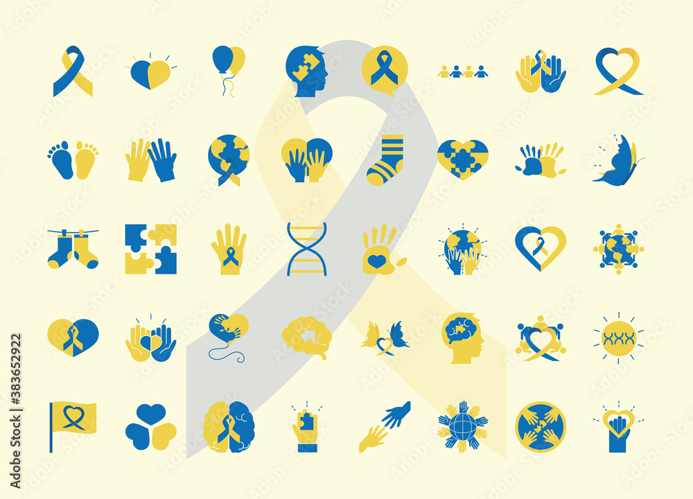 world down syndrome day, campaign awareness support icons set flat style