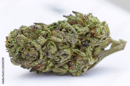 Close up of medical and recreational white runts indica sativa strain indoor grown marijuana bud on white background