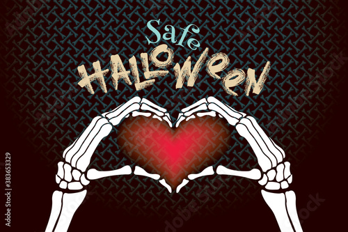 Safe Halloween Comic Creative Concept with Dead Man Skeleton Hands Making Heart Symbol and Logo Lettering - Red Turquoise and White on Dark Bones Background - Mixed Graphic Design