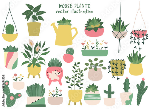 House plants hand drawn clipart set. Indoor plants in pots - peace lily, succulent, aloe vera, cacti, ficus and calathea. Home decorations and interior design elements. Flat. Scandinavian style.
