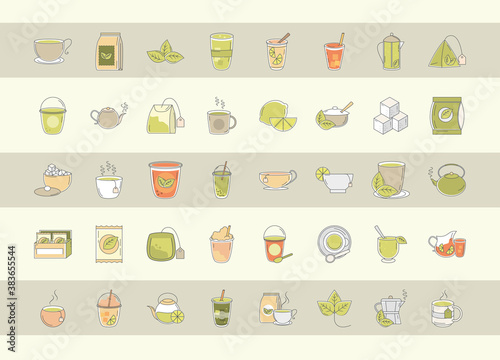 tea, fresh beverage traditional teapot cups teabag sugar leaf, icons set line and fill
