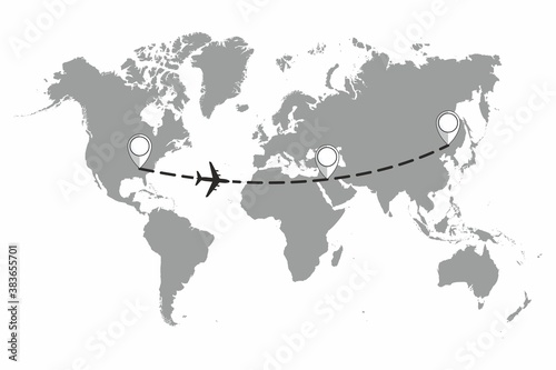 The plane and its track on the world map. Travel to World. Hand drawn plane and its track on the world map. The airplane is in a dotted line. The waypoint is for a tourist trip. and his track. Vector 