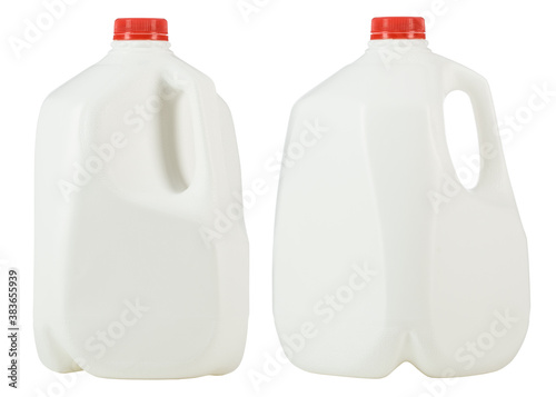 Gallon of Whole Milk with Red Plastic Cap Isolated on White Background. Two white plastic bottles per one gallon each. 1 gallon or 3.78 liter. High resolution photo. photo