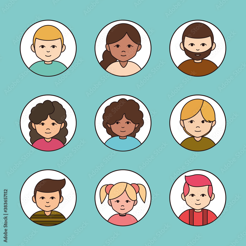 diverse group female and male cartoon, round line icons collection diverse group female and male cartoon, round line icons collection