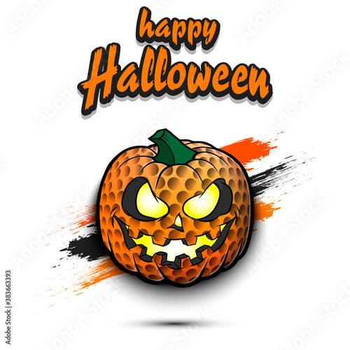 Happy Halloween. Template golf design. Golf ball in the form of a pumpkin on an isolated background. Pattern for banner, poster, greeting card, flyer, party invitation. Vector illustration