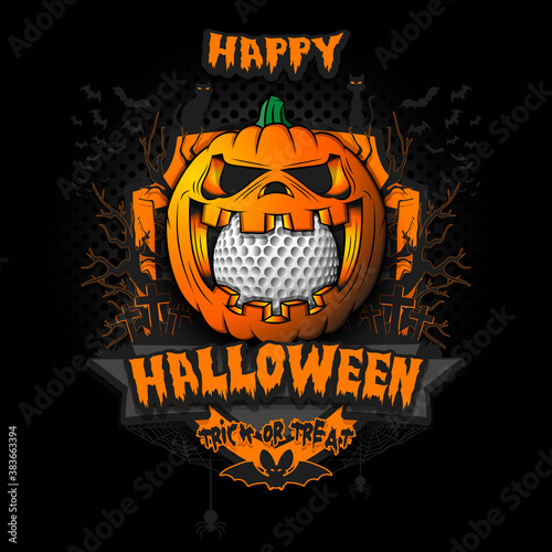 Happy Halloween. Golf ball inside frightening pumpkin. Cats, bats, spiders, trees, crosses. Design template for banner, poster, greeting card, flyer, party invitation. Vector illustration