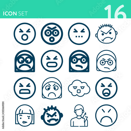 Simple set of 16 icons related to wrath