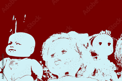 Fairy, spooky, frightening background for halloween consisting of many abandoned dolls in bloody red colors with copy space