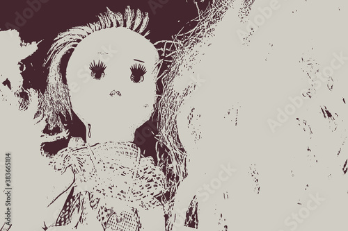 Fairy, spooky, frightening background for halloween consisting of many abandoned dolls in dark colors