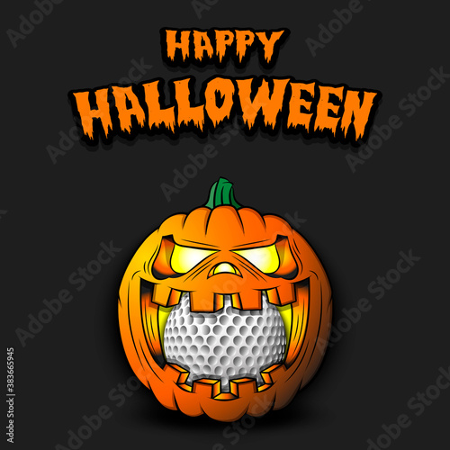 Happy Halloween. Golf ball inside frightening pumpkin. The pumpkin swallowed the ball with burning eyes. Design template for banner, poster, greeting card, party invitation. Vector illustration