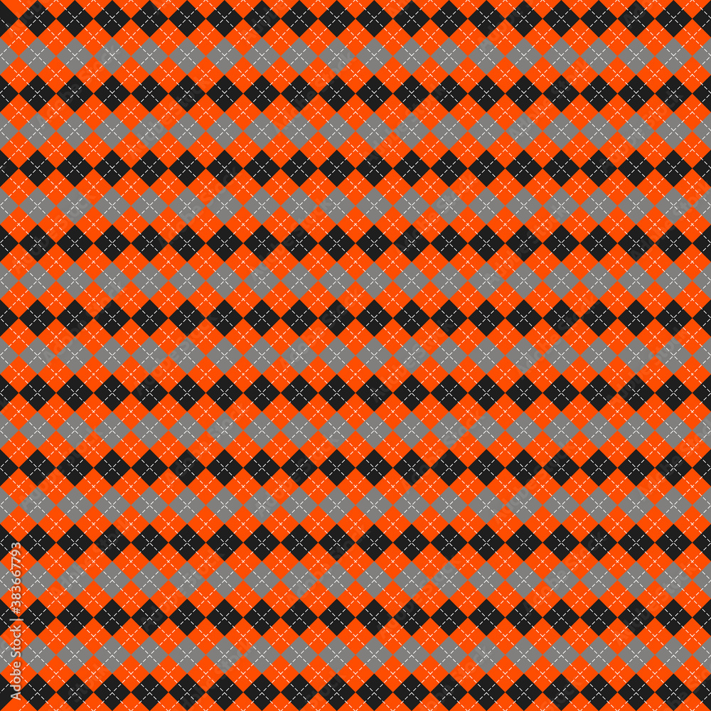 Halloween Argyle plaid. Scottish pattern in orange, black and gray rhombuses. Scottish cage. Traditional Scottish background of diamonds. Seamless fabric texture. Vector illustration Halloween Argyle plaid. Scottish pattern in orange, black and gray rhombuses. Scottish cage. Traditional Scottish background of diamonds. Seamless fabric texture. Vector illustration