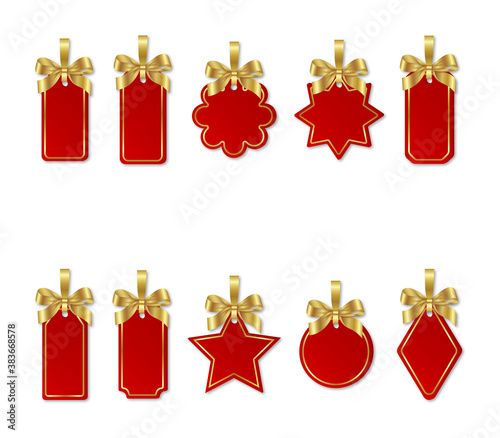 set of christmas red price tags with gold bows