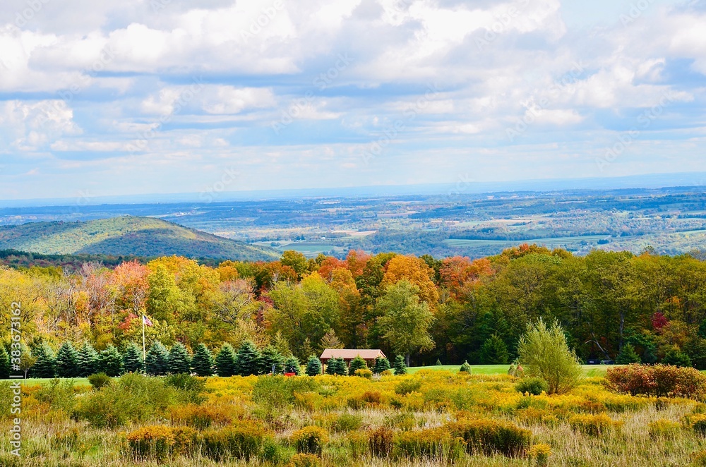 Autumn landscape in the mountains, view from the Ontario County Park at Gannett Hill, New York