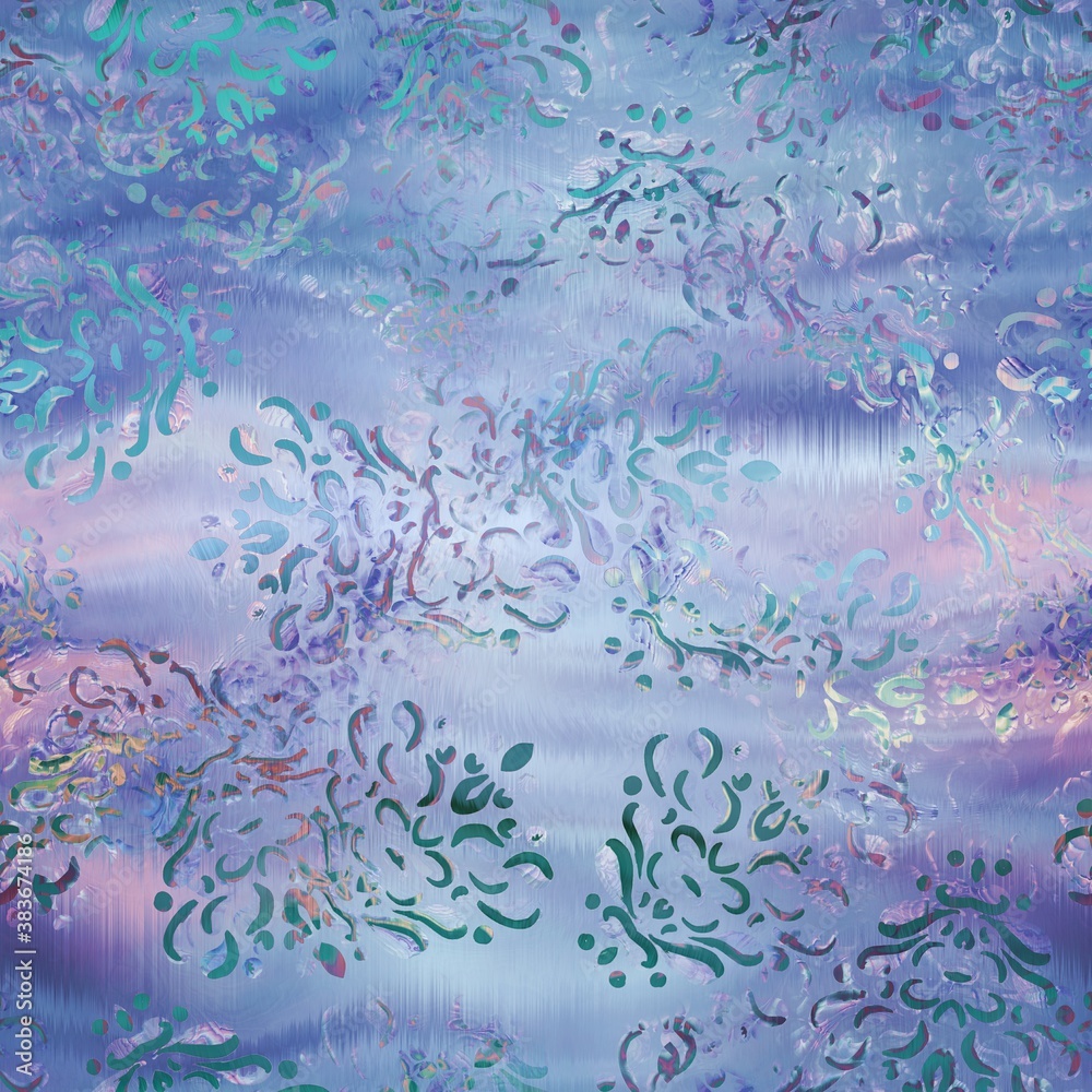 Fototapeta premium Shiny damask pattern on wavy satin like material. High quality illustration. Graceful smooth fluid background design with classic damask hand drawn pattern overlay. Vivid glowing trendy backdrop.