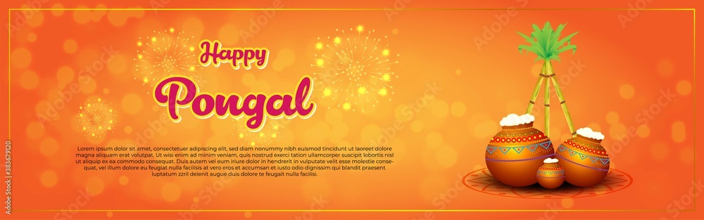 Vector illustration of Happy Pongal, Tamil harvest festival of South India, pot, sugarcane, rangoli, fireworks on beautiful bokeh background, Indian festival greeting.