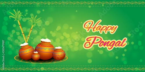 Vector illustration of Happy Pongal, Tamil harvest festival of South India, pot, sugarcane, rangoli on beautiful bokeh background, Indian festival greeting.