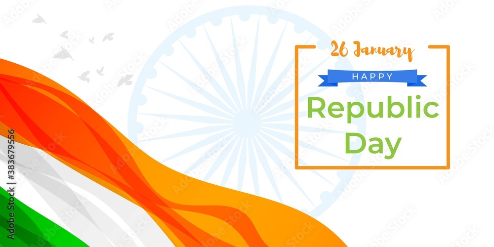 Fototapeta premium Vector illustration of Happy Republic day, 26 january, national holiday of India, abstract wavy Indian flag, ashoka chakra, flying birds, banner template for website.