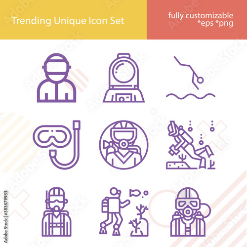 Simple set of diver related lineal icons.