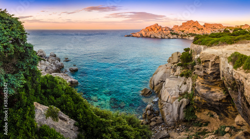 Panoramic landscape view at rocky ocean coastline