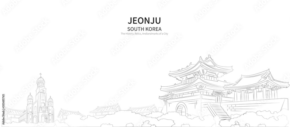 Jeonju cityscape line vector. sketch style South Korea landmark illustration with white background. 