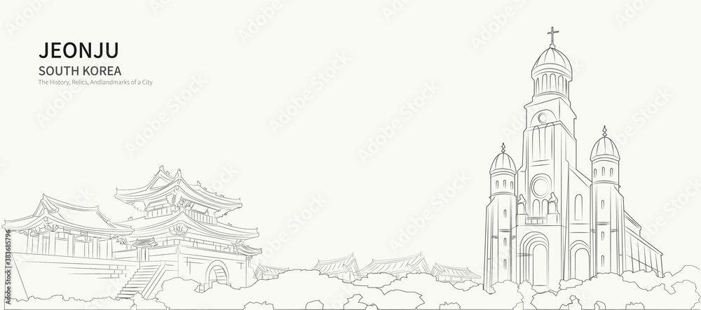 Jeonju cityscape line vector. sketch style South Korea landmark illustration with white background. 