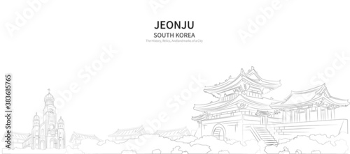 Jeonju cityscape line vector. sketch style South Korea landmark illustration with white background.  photo