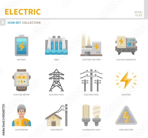 electric icon set,color flat style,vector and illustration