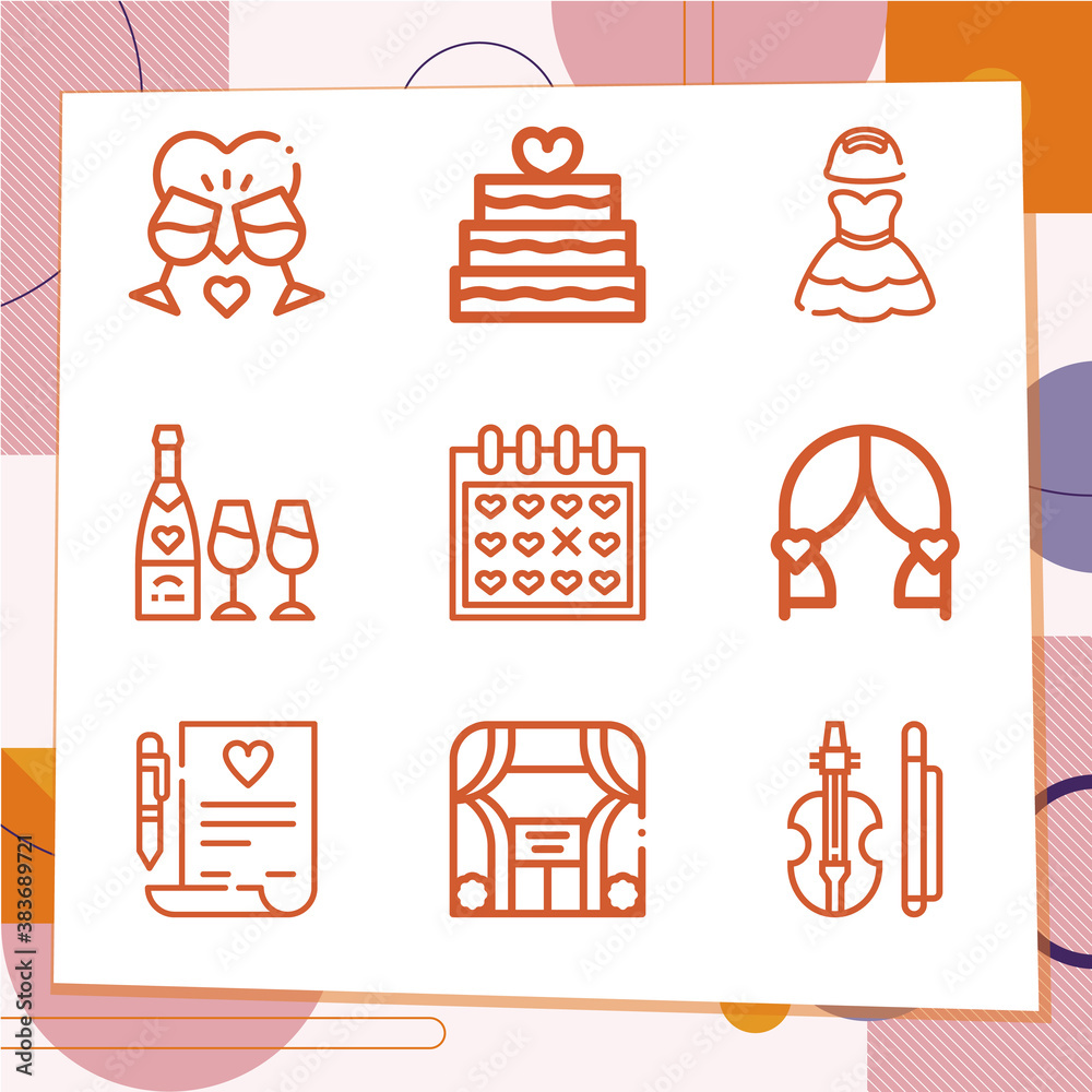Simple set of 9 icons related to marriage ceremony Simple set of 9 icons related to marriage ceremony