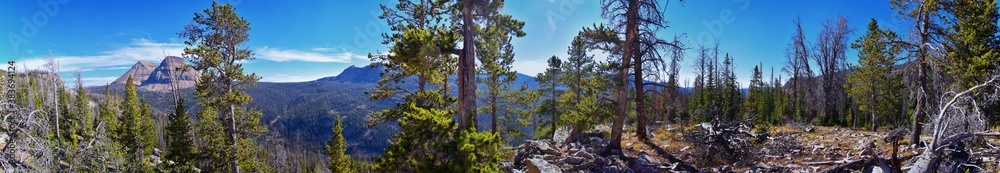 Lake Cuberant hiking trail views of ponds, forest and meadows with Bald Mountain Mount Marsell in Uinta Mountains from Pass Lake Trailhead, Utah, United States.