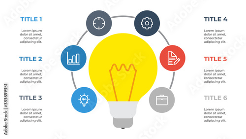 6 points circle infographic element vector with light bulb, business idea visualization, steps, options, processes, workflow, timeline, etc.