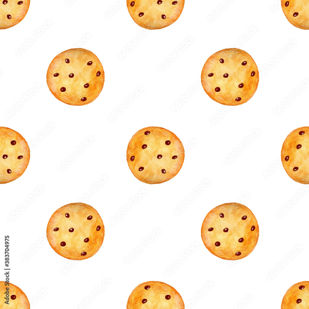 Seamless pattern with cookies with chocolate chips on a white background. Seamless pattern with cookies with chocolate chips on a white background.