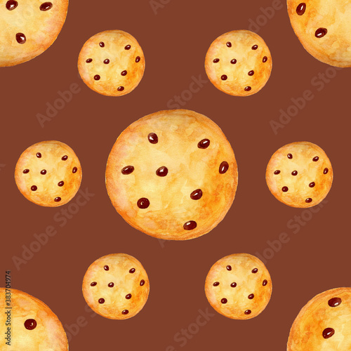 Seamless pattern with Christmas cookies on a brown background. Can be used for wrapping  packaging  paper  fabric. Painted in watercolor.