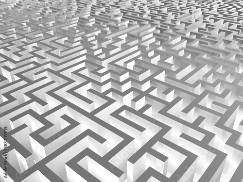 3d rendering of a white square maze. Endless maze concept of discovery, confusion and challenges. White endless maze. Mazes and labyrinths. Secrets and puzzles. Problems and solutions. 3D illustration