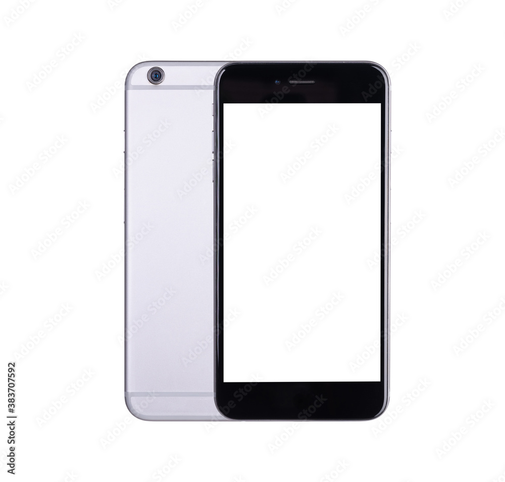 Black modern smartphone mockup front and back. Mobile smart phone technology blank screen studio shot isolated on over white background with clipping mask path on the phone and screen Black modern smartphone mockup front and back. Mobile smart phone technology blank screen studio shot isolated on over white background with clipping mask path on the phone and screen
