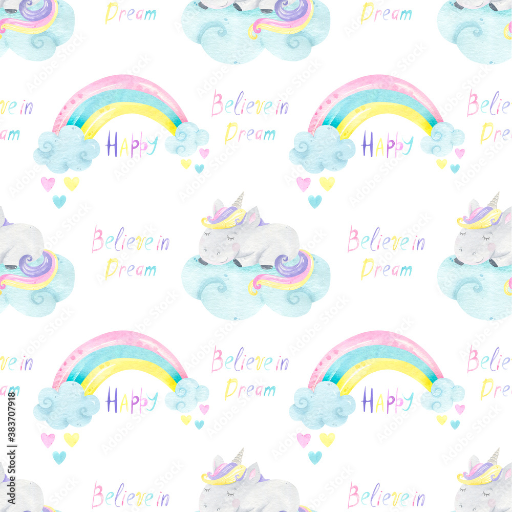 Watercolor seamless pattern unicorn, cute, big dreams, magic, fairy tale. Print Unicorn, unicorn background, clouds, rainbows. Pastel colors. For digital paper, fabric	