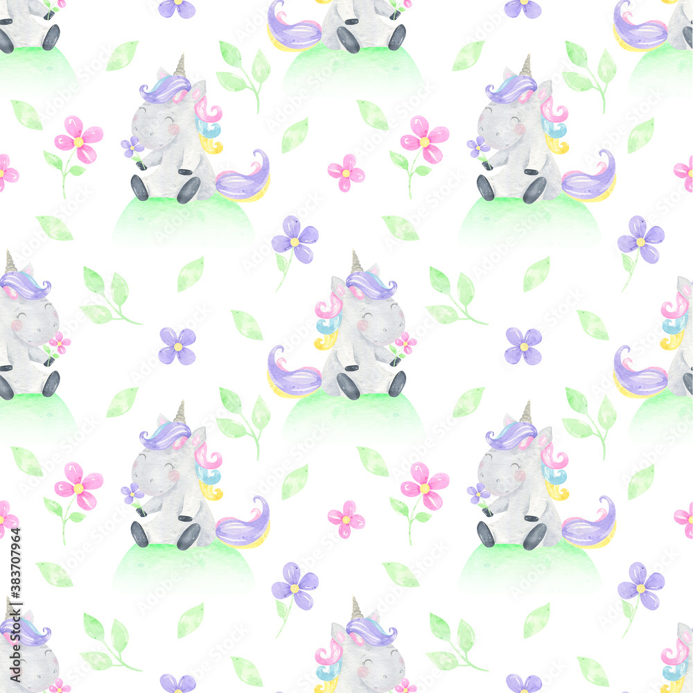 Watercolor seamless pattern unicorn, cute, big dreams, magic, fairy tale. Print Unicorn, unicorn background, flowers, greenery, summer.  Pastel colors. For digital paper, fabrics