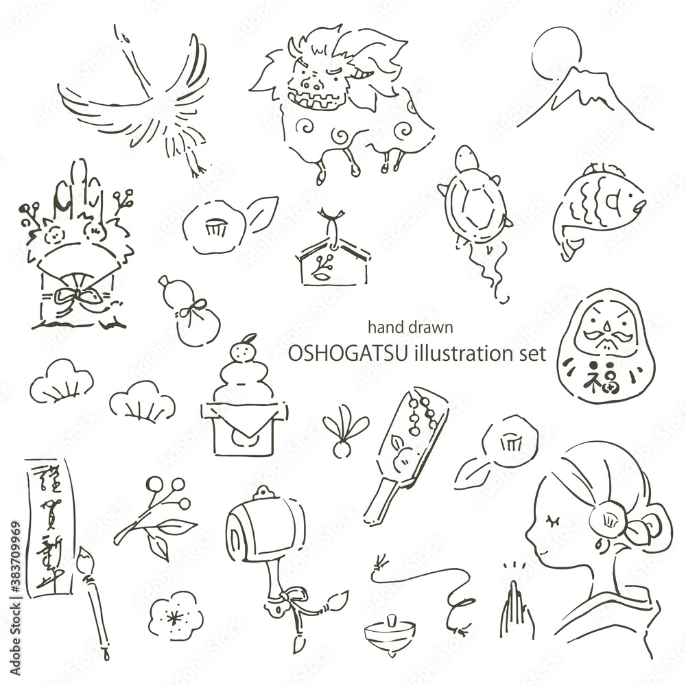 お正月の手描きイラストセット 線画 お正月の手描きイラストセット 線画
